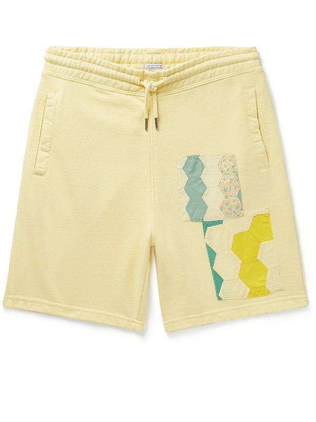 Photo: Carleen - Straight-Leg Patchwork Upcycled Voile and Organic Cotton-Blend Jersey Drawstring Shorts - Yellow