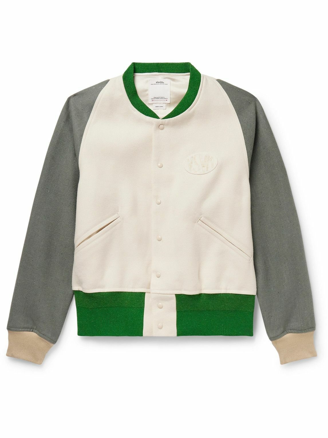 Photo: Visvim - Colour-Block Logo-Appliquéd Wool and Linen-Blend Varsity Jacket - Green