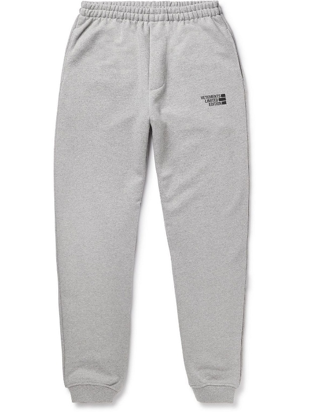 Photo: VETEMENTS - Tapered Logo-Print Cotton-Blend Jersey Sweatpants - Gray