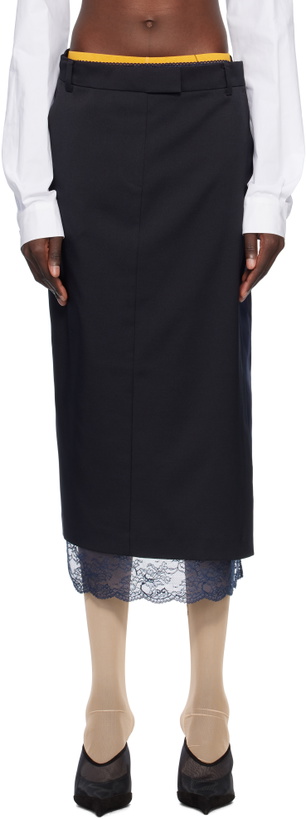 Photo: Pushbutton Navy Lace Trim Midi Skirt