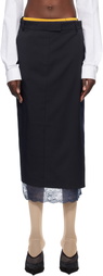 Pushbutton Navy Lace Trim Midi Skirt