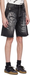 KidSuper Black Rhinestone Face Denim Shorts