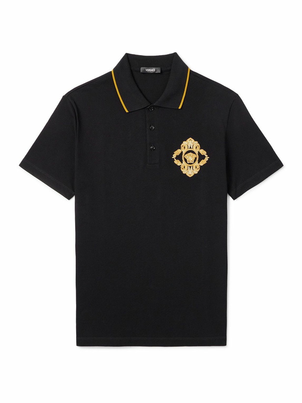 Photo: Versace - Logo-Embroidered Cotton-Piqué Polo Shirt - Black