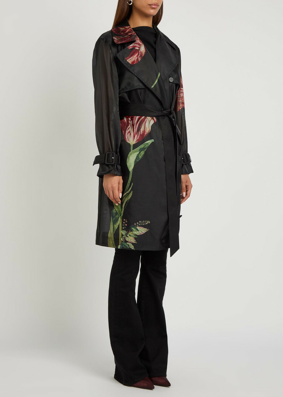 Alice + Olivia Silvia Floral-print Organza Trench Coat Black