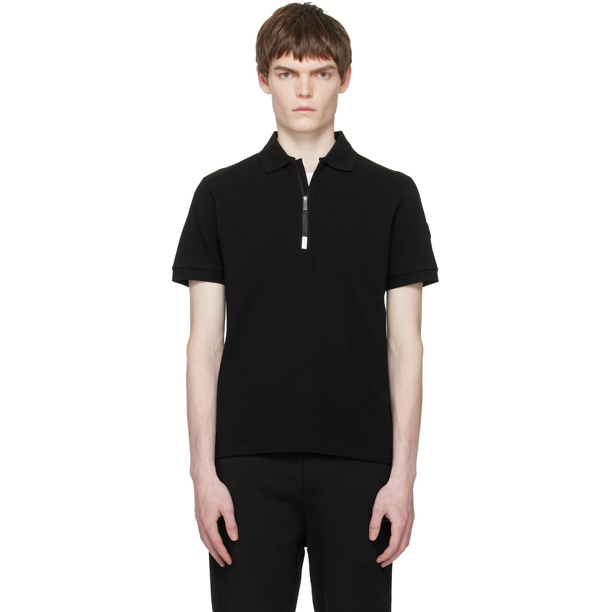 Moncler Black Logo Cotton Piquet Half Zip Polo