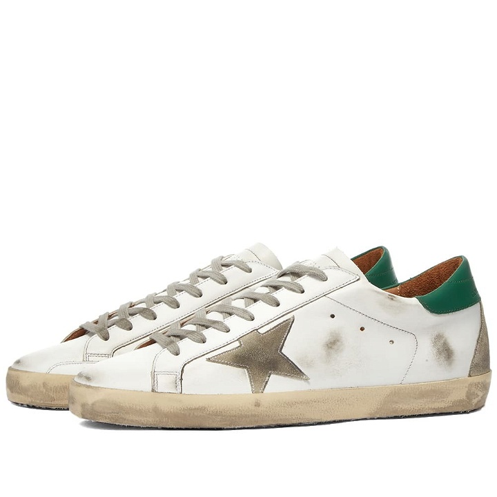 Photo: Golden Goose Men's Super-Star Leather Sneakers in White/Ice/Green