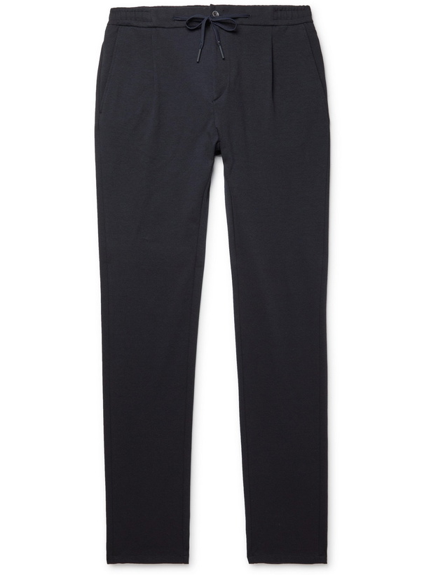 Photo: CANALI - Tapered Pleated Cotton-Blend Drawstring Suit Trousers - Blue - IT 50