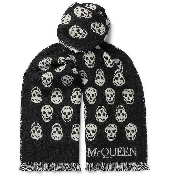 Photo: Alexander McQueen - Reversible Fringed Logo-Jacquard Wool Scarf - Black