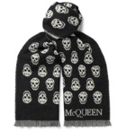 Alexander McQueen - Reversible Fringed Logo-Jacquard Wool Scarf - Black