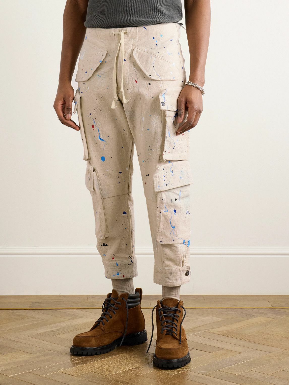 Greg Lauren - Tapered Cropped Paint-Splattered Cotton-Canvas Drawstring Cargo Trousers - Neutrals