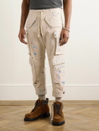 Greg Lauren - Tapered Cropped Paint-Splattered Cotton-Canvas Drawstring Cargo Trousers - Neutrals