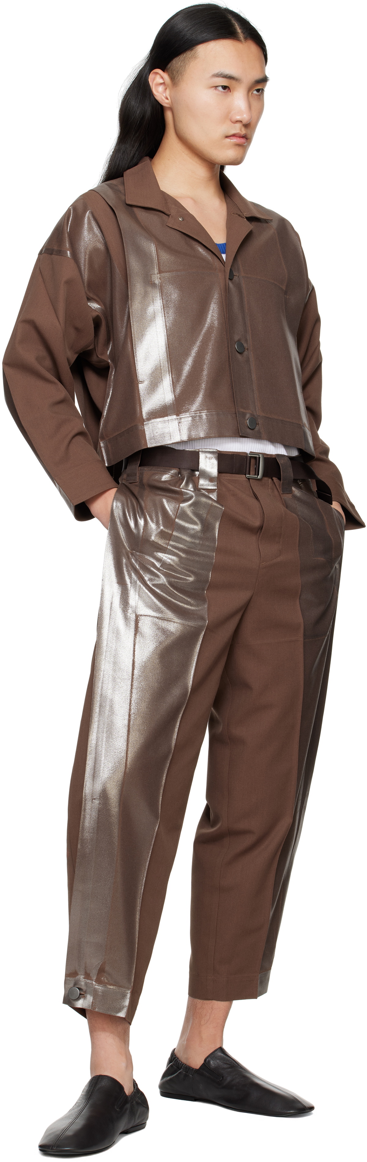 132 5. ISSEY MIYAKE Brown Tucked Foil Trousers