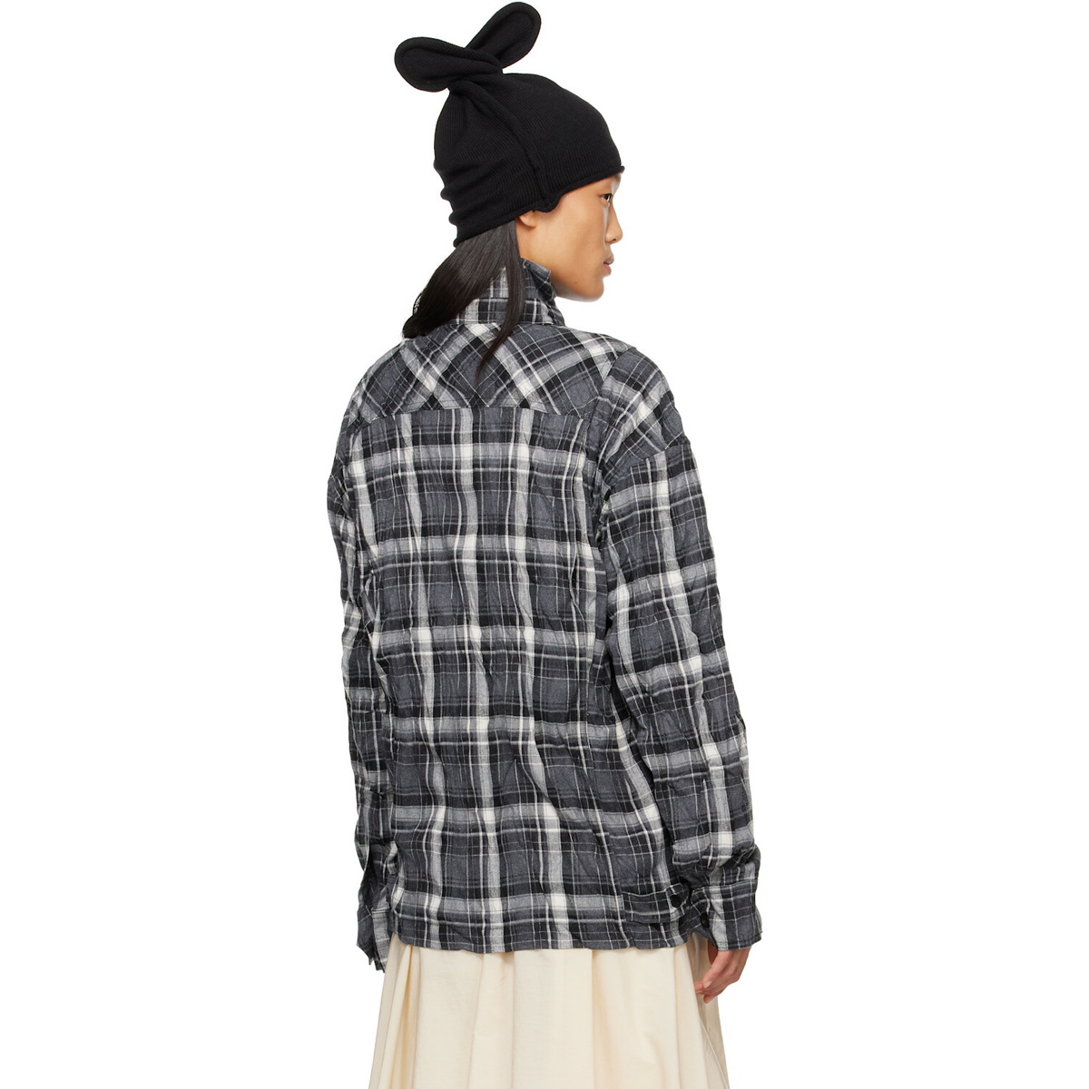 OPEN YY Black Checkered Crinkle Ruffle Shirt