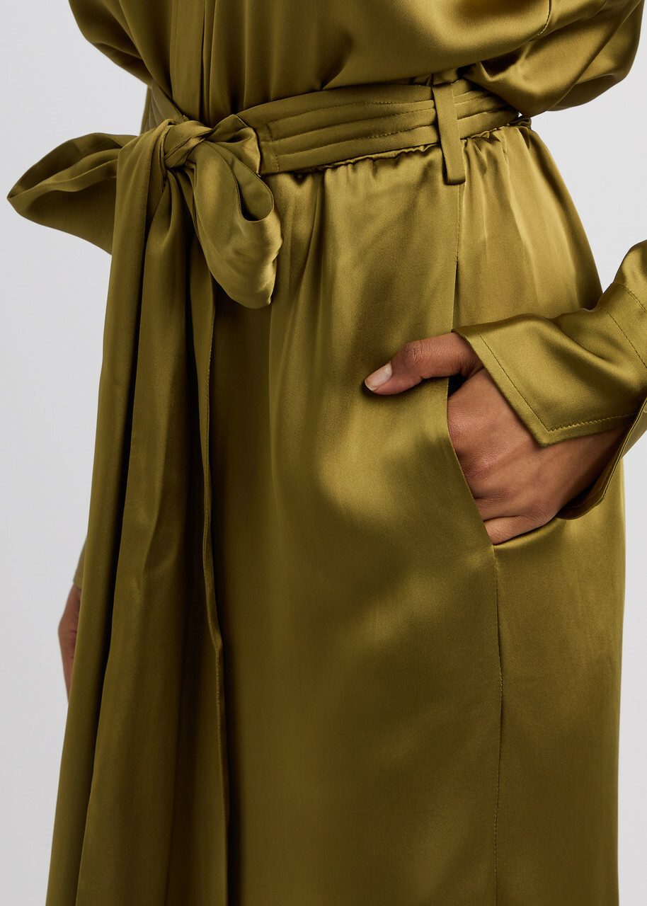 Petar Petrov The Slippery Belted Satin Midi Shirt Dress Green Olive