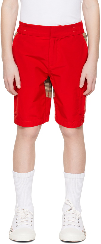 Photo: Burberry Kids Red Check Panel Shorts