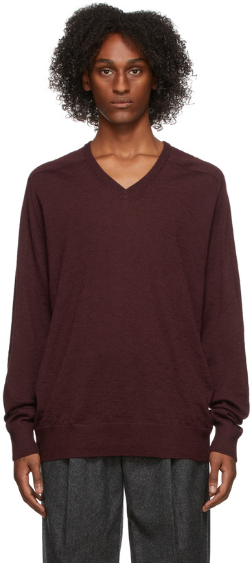 Photo: Maison Margiela Burgundy Wool & Suede Elbow Patch V-Neck Sweater