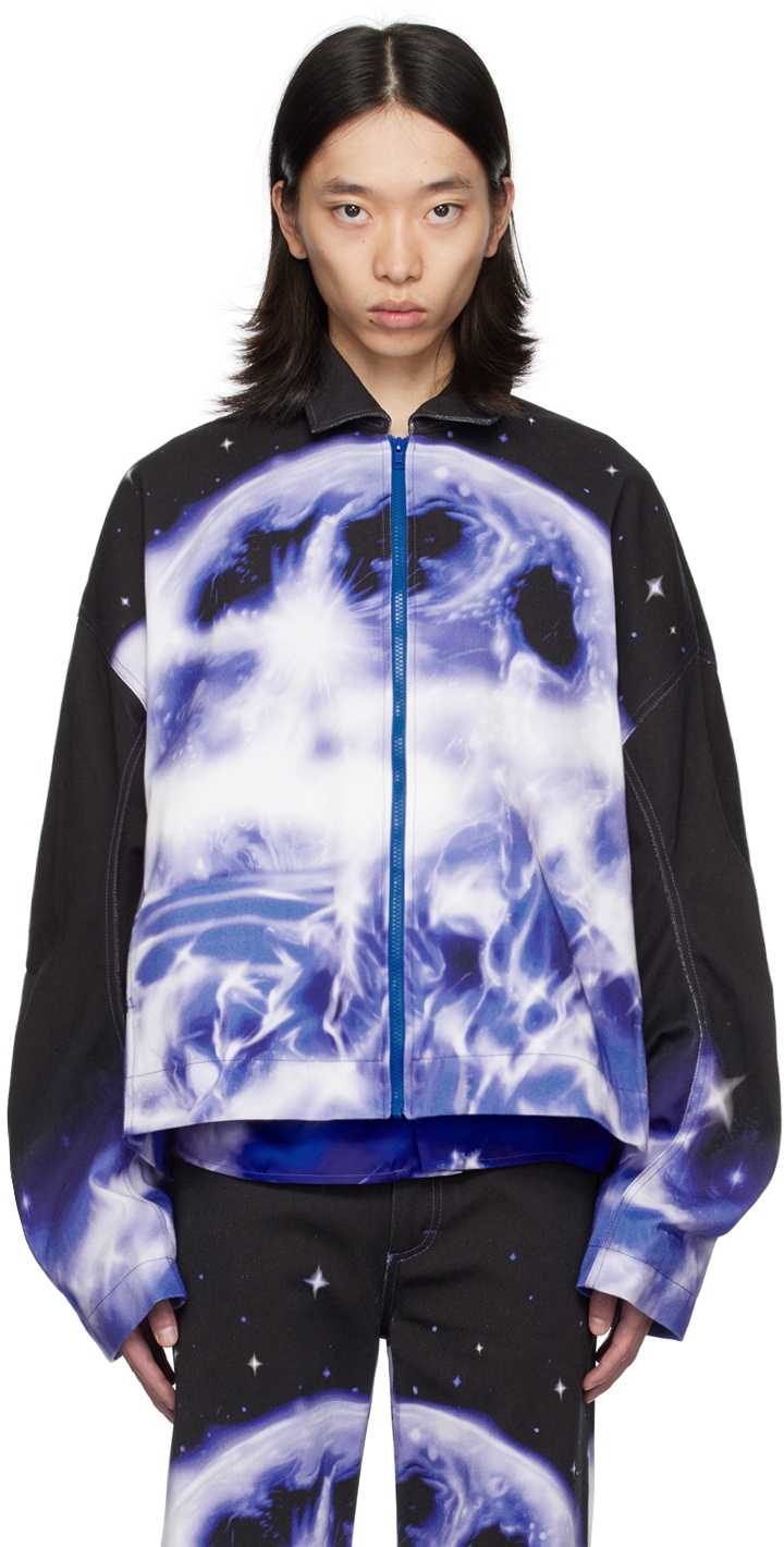 Gerrit Jacob White & Purple Printed Moto Denim Jacket Gerrit Jacob