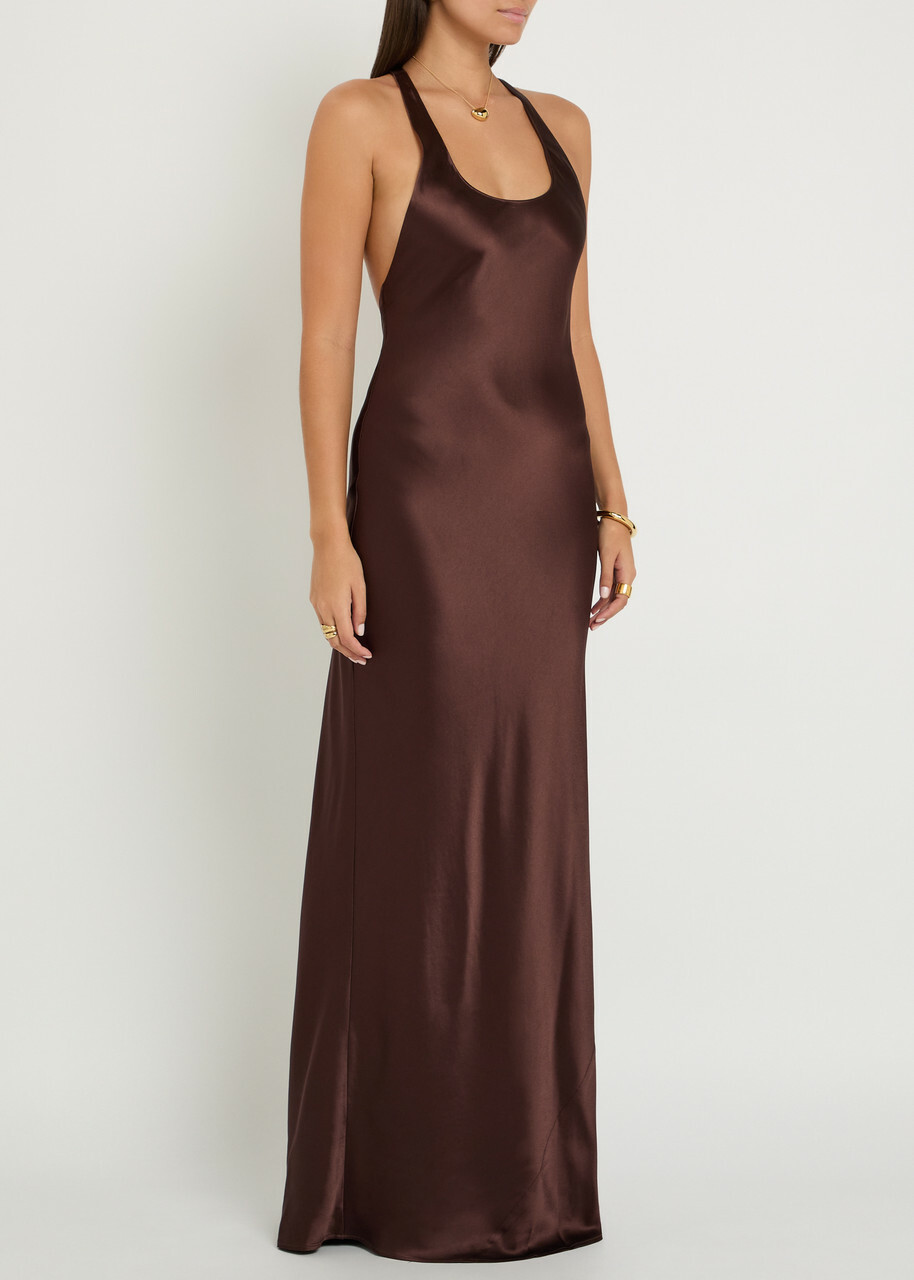 Staud Juanita Satin Maxi Dress Brown