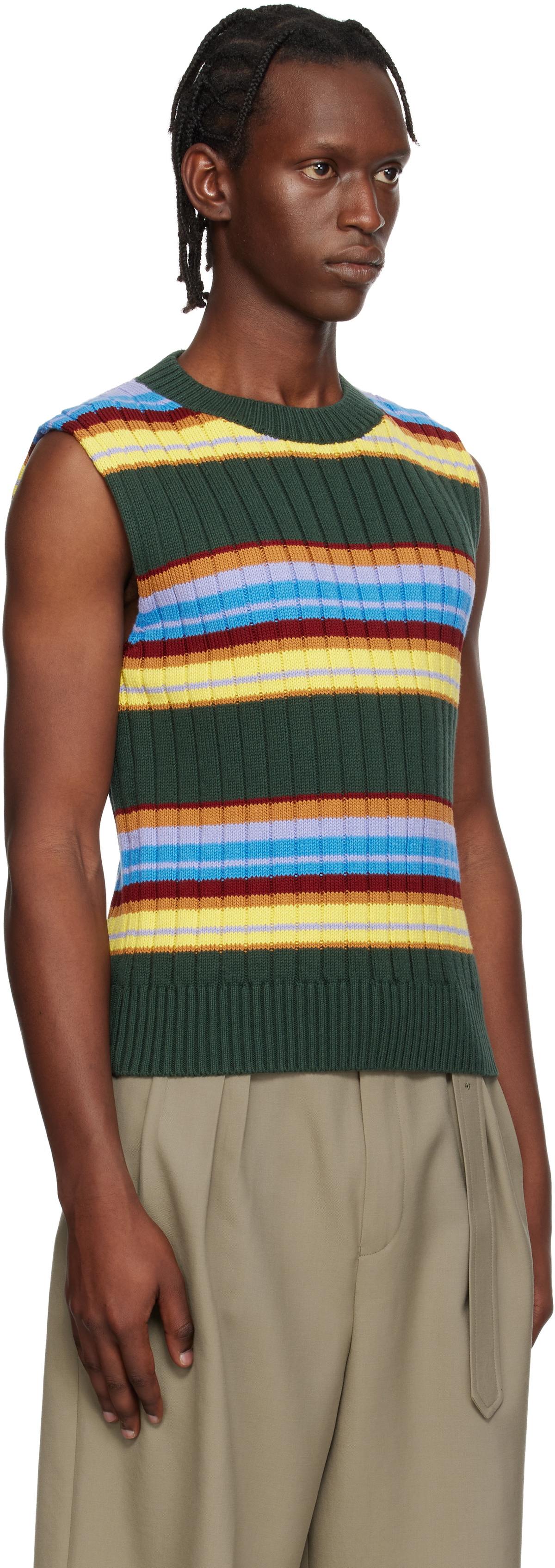 Dries Van Noten Green Striped Sleeveless Sweater