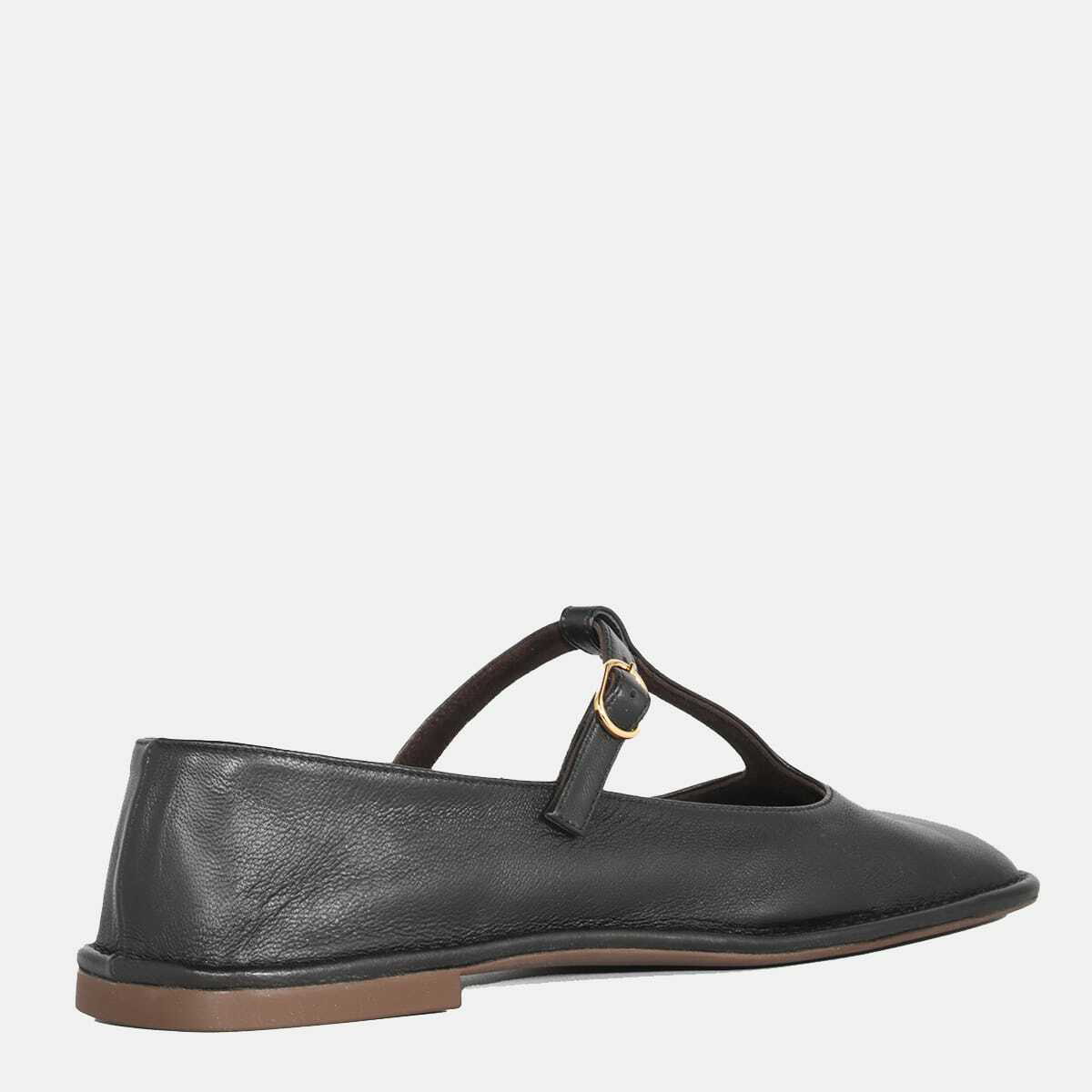【THE ROW】BLACK SQUARE T LEATHER FLATS Square T-Strap leather flats in black - The Row | Mytheresa