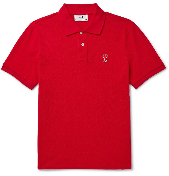 Photo: AMI - Logo-Appliquéd Cotton-Jersey Polo Shirt - Red