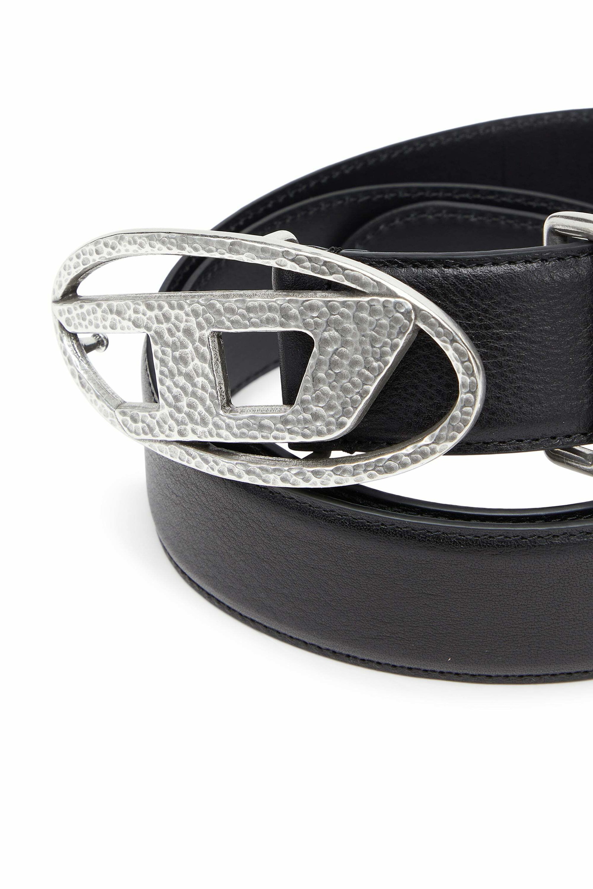 Diesel 4cm leather belt with hammered Oval D buckle - Belts - Unisex - Black