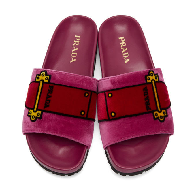 Prada Pink Velvet Belt Slides Prada