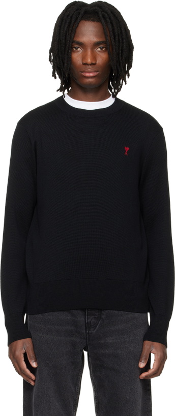 Photo: AMI Paris Black Wool Contrasted Ami de Coeur Crewneck Sweater