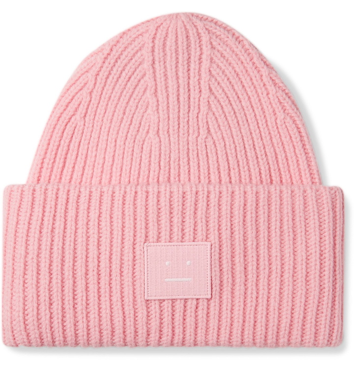 Photo: Acne Studios - Pansy Logo-Appliquéd Ribbed Mélange Wool Beanie - Pink