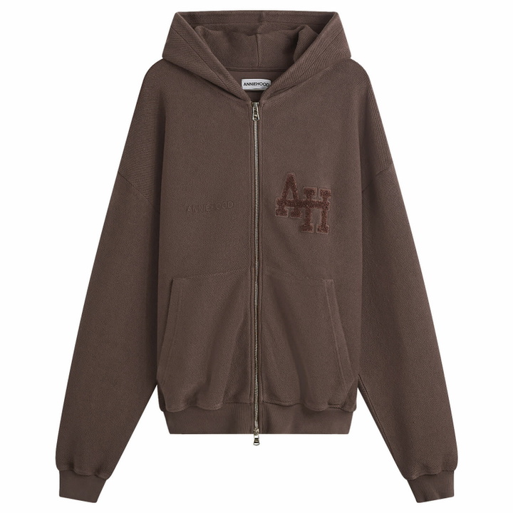 Photo: ANNIE HOOD Men's Inside Out College Zip Hoodie in Washed Brown