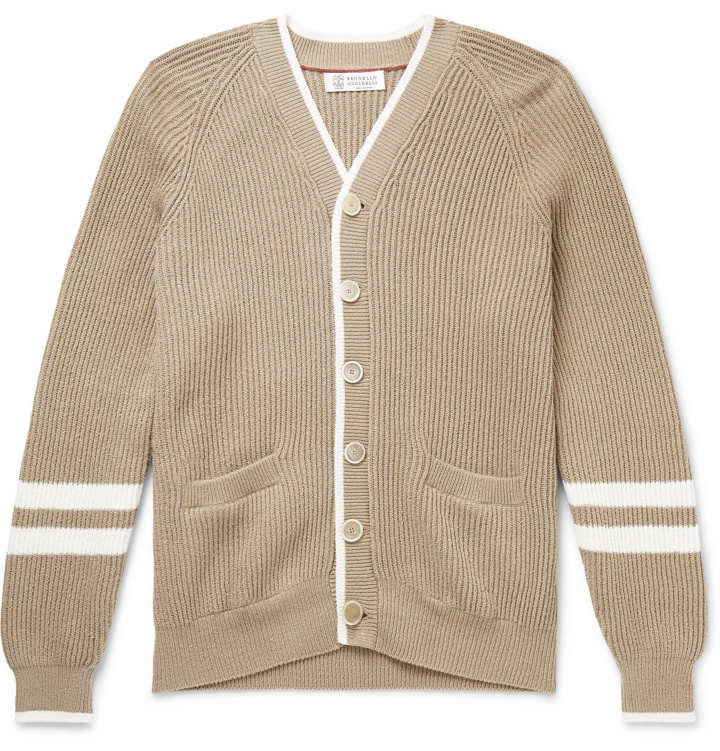 Photo: Brunello Cucinelli - Contrast-Tipped Striped Ribbed Cotton Cardigan - Neutrals