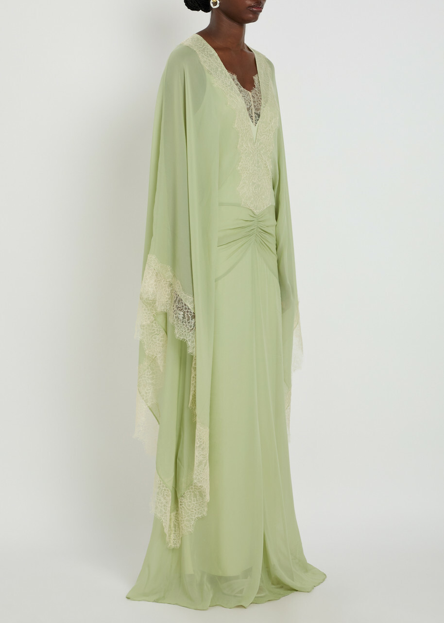 DE LA Vali Evita Lace-trimmed Draped Georgette Maxi Dress Light Green