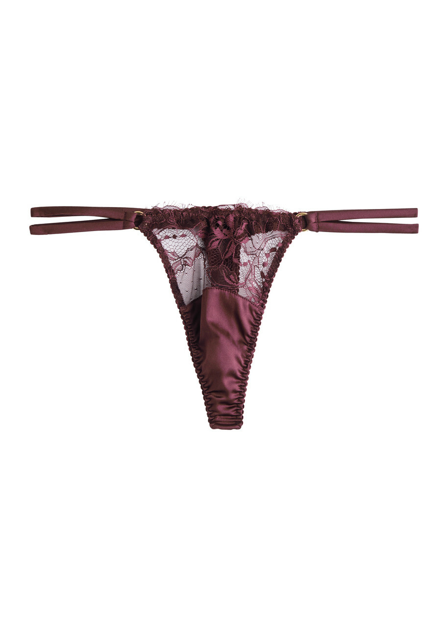 Fleur OF England Eliza Lace and Silk-blend Thong Dark Purple