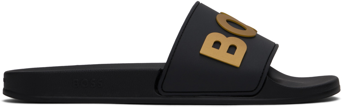 Boss Black Slide Sandals with Tan and White Logo Print BOSS Black & Gold Raised Logo Pool Slides BOSS main image 4