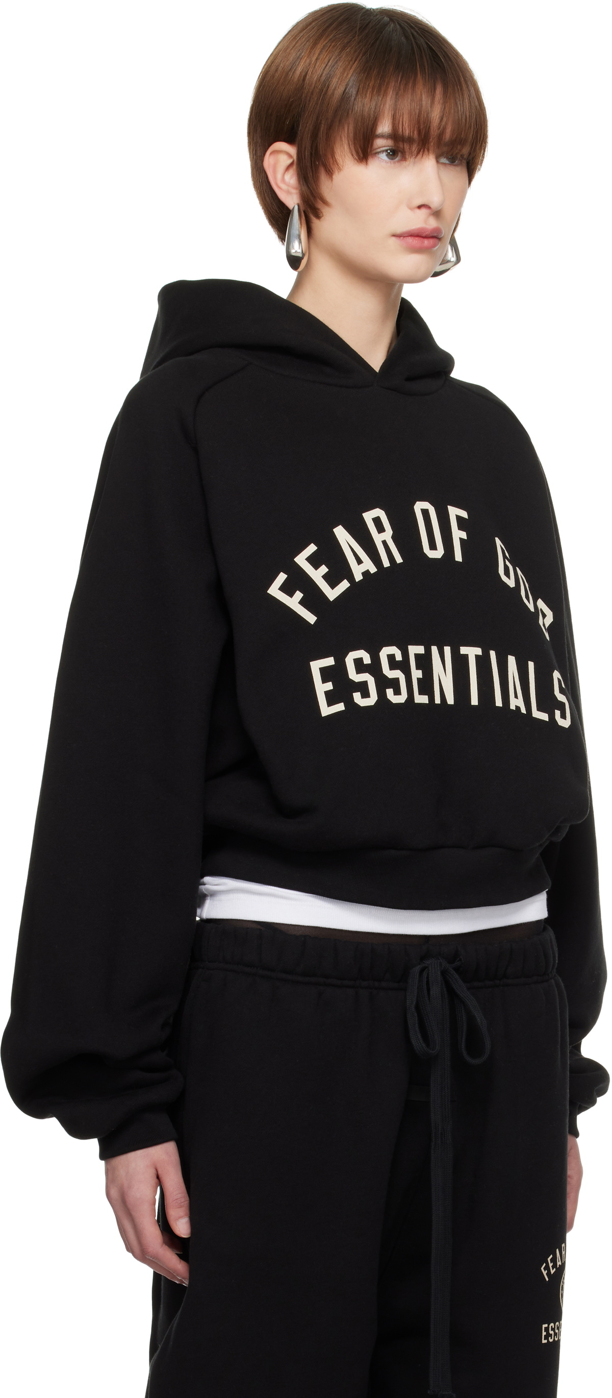 Fear of God ESSENTIALS Black Fleece Cropped Hoodie Fear Of God Essentials
