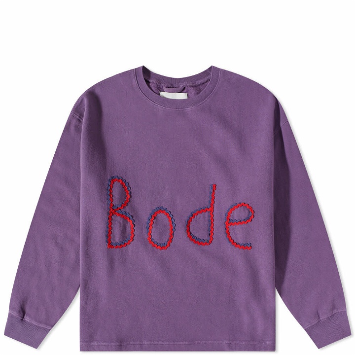 Photo: Bode Men's Rickrack Embroidered Logo Crew Sweat in Purple
