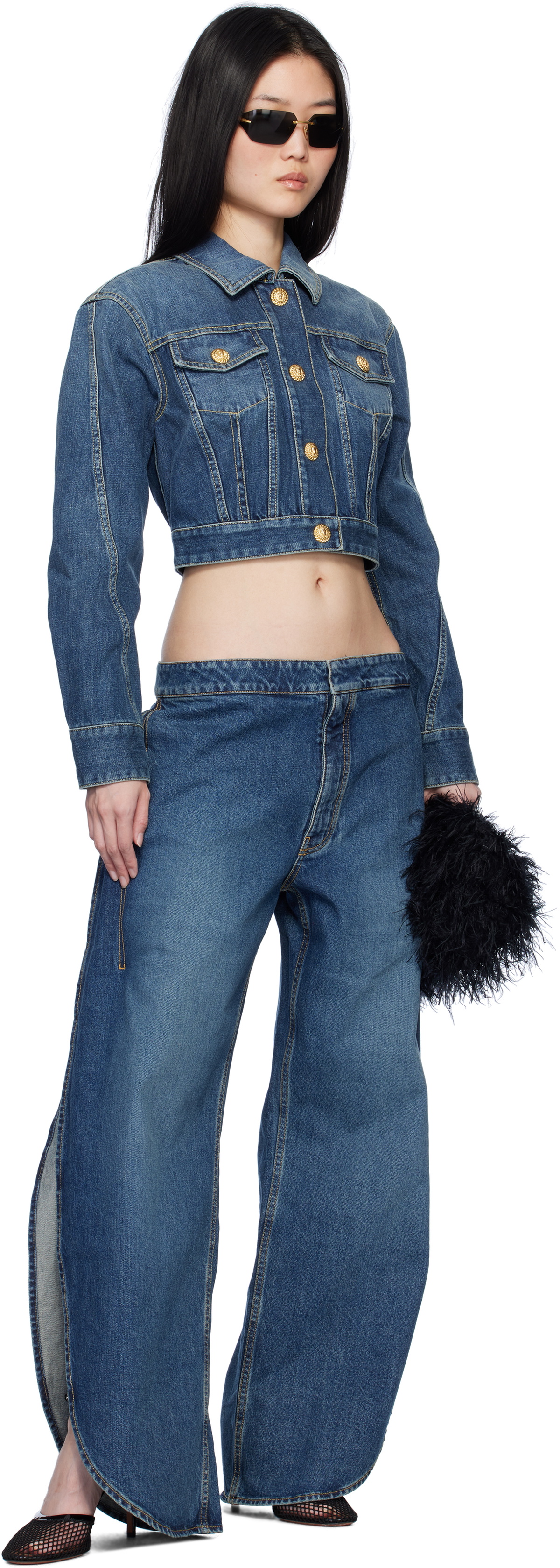 Balmain Blue Cropped Faded Denim Jacket