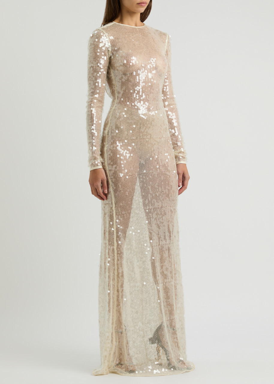 David Koma Sequin-embellished Metallic Open-knit Gown Cream David Koma