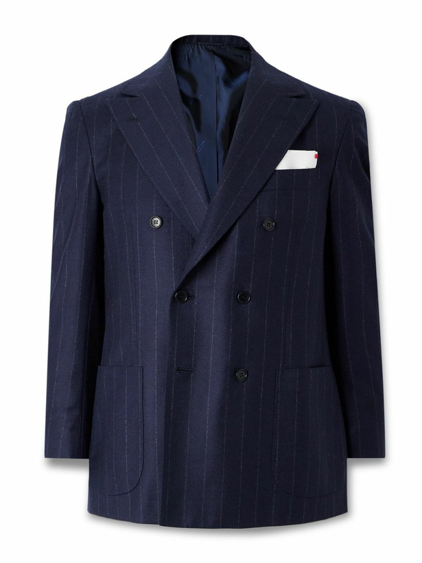 Photo: Kiton - Double-Breasted Pinstriped Virgin Wool and Cashmere-Blend Flannel Suit Jacket - Blue