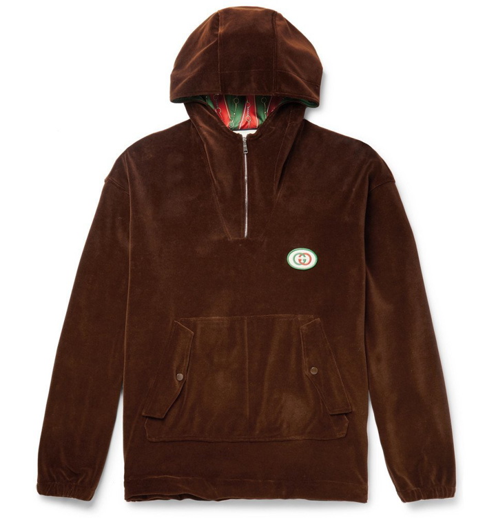 Photo: Gucci - Oversized Logo-Appliquéd Cotton-Blend Velvet Half-Zip Track Jacket - Brown