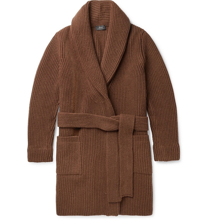Photo: Brioni - Shawl-Collar Belted Ribbed Wool and Cashmere-Blend Cardigan - Brown