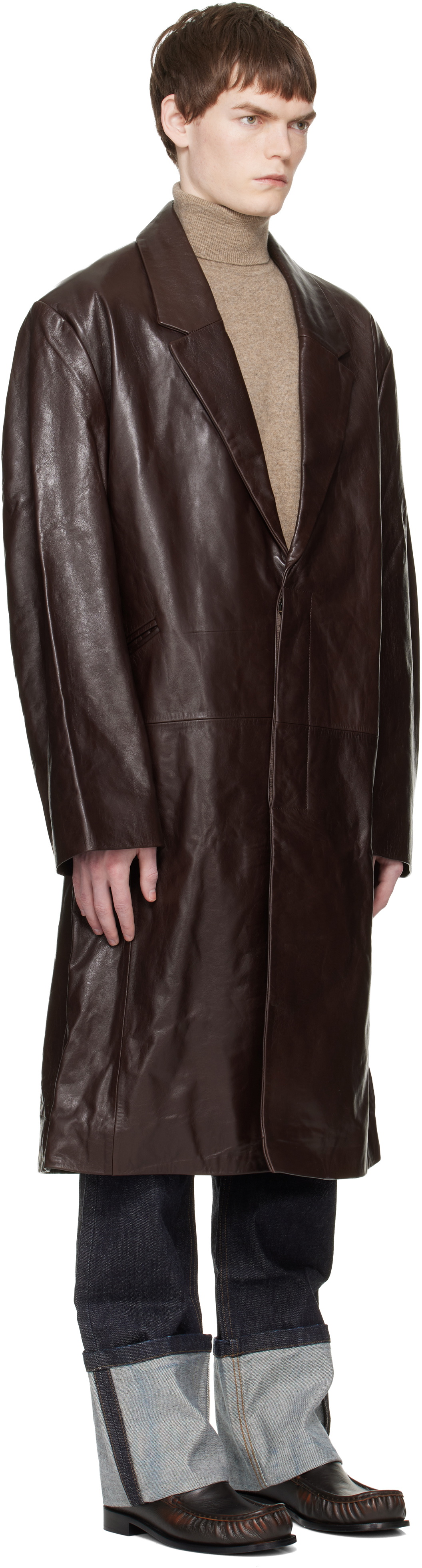 Entire Studios Brown Single Breasted Leather Coat
