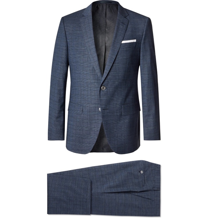 Photo: Hugo Boss - Navy Hutson/Gander Slim-Fit Checked Virgin Wool and Cotton-Blend Three-Piece Suit - Blue