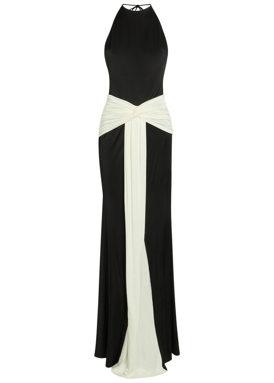 The New Arrivals Ilkyaz Ozel Euphorie Colour-block Ruched Stretch-jersey Maxi Dress Black And White
