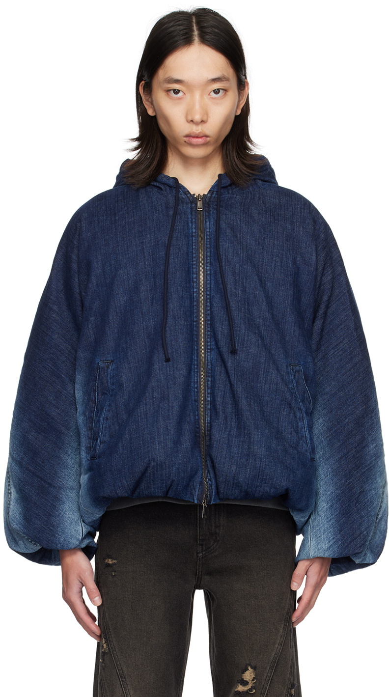 lesugiatelier Navy Hooded Denim Puffer Jacket