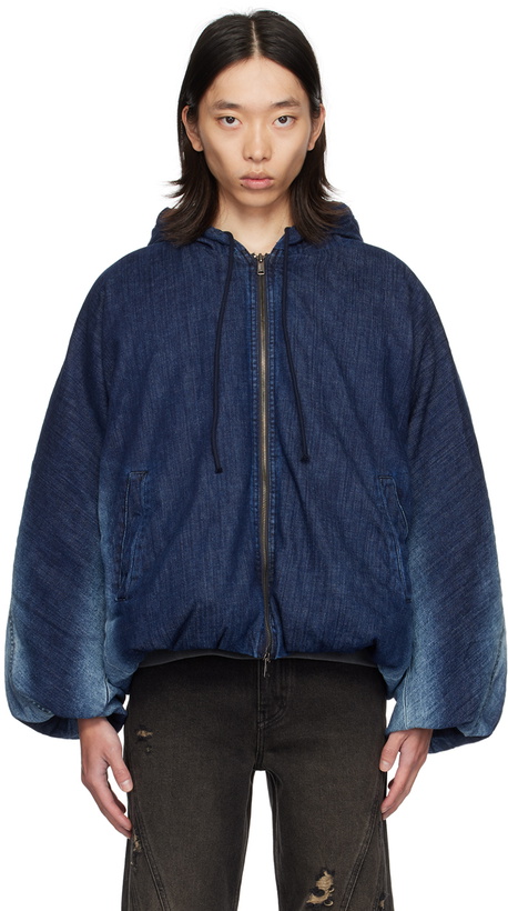 Photo: lesugiatelier Navy Hooded Denim Puffer Jacket