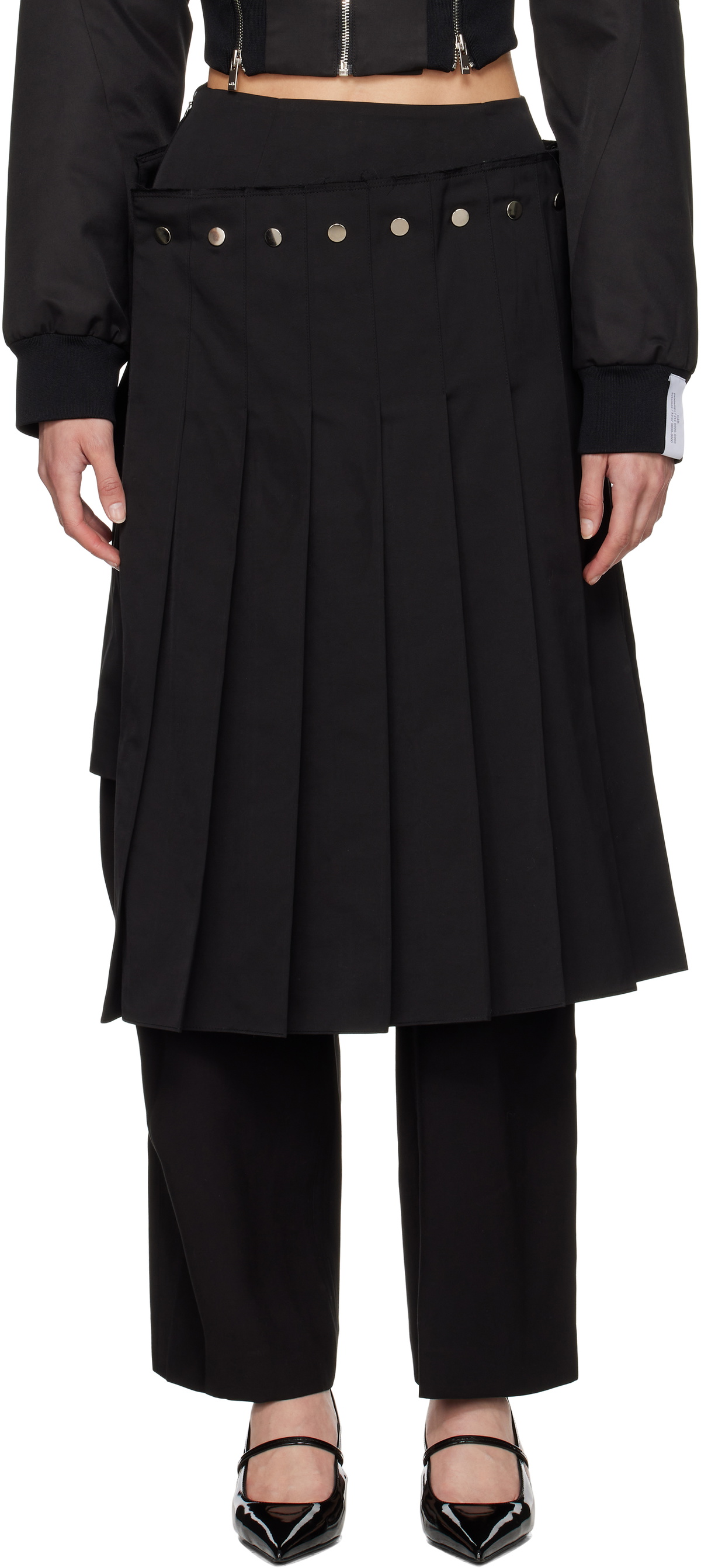 Rokh Black Double Layered Pleated Midi Skirt