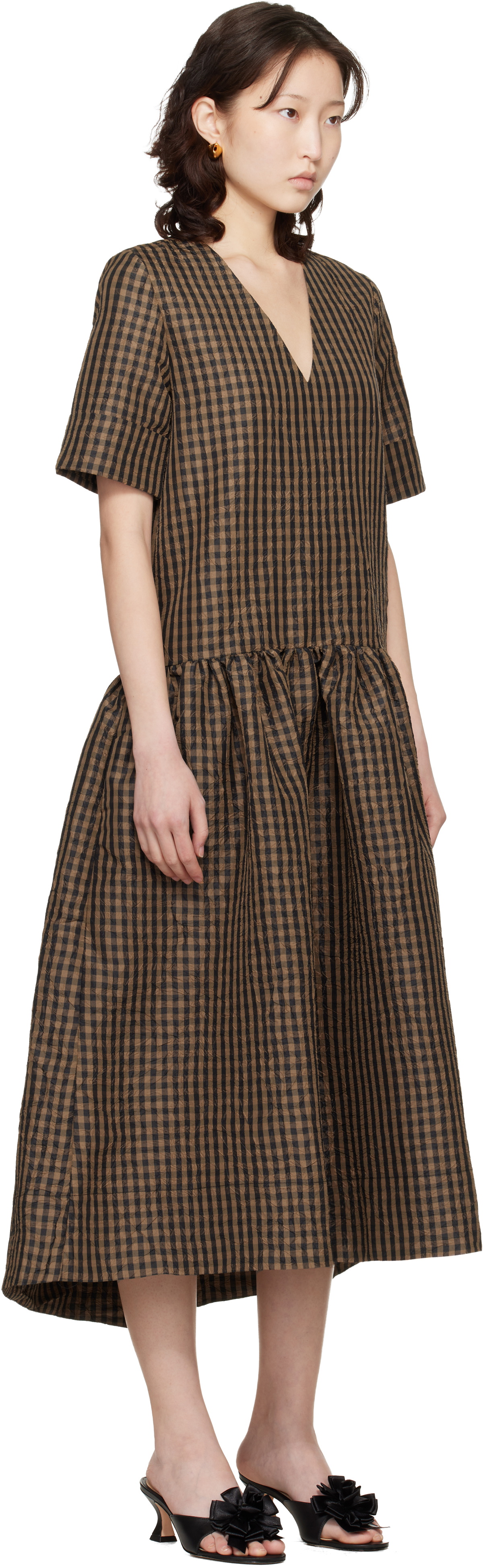 GANNI Brown Crinkled Check Maxi Dress