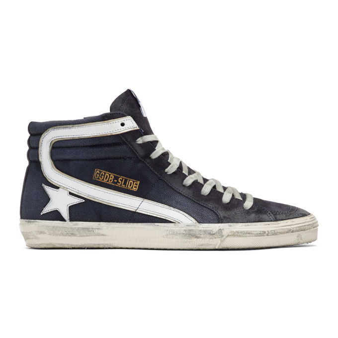 Photo: Golden Goose Navy Denim Slide High-Top Sneakers