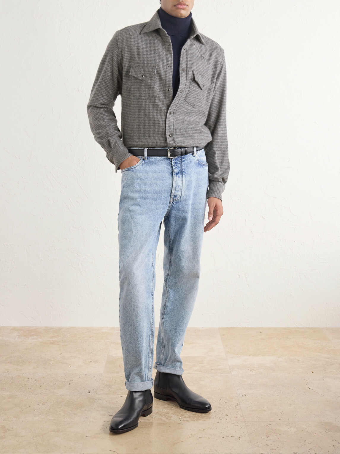 Eleventy - Texas Houndstooth Wool and Cashmere-Blend Shirt - Gray